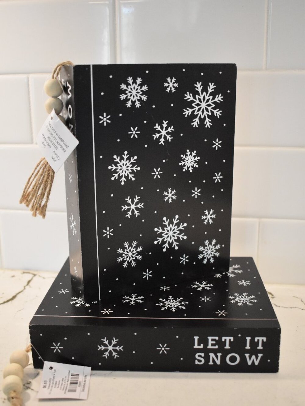 Set of 2 Let It Snow Wooden Faux Book Decor Snowflake Christmas Winter Bookends